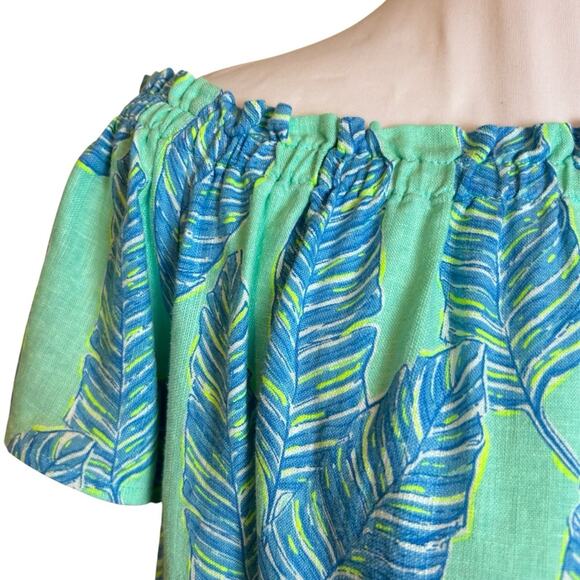Vineyard Vines Off Shoulder Dress Size XS Green Blue Linen Blend Tropical Summer - Picture 4 of 10